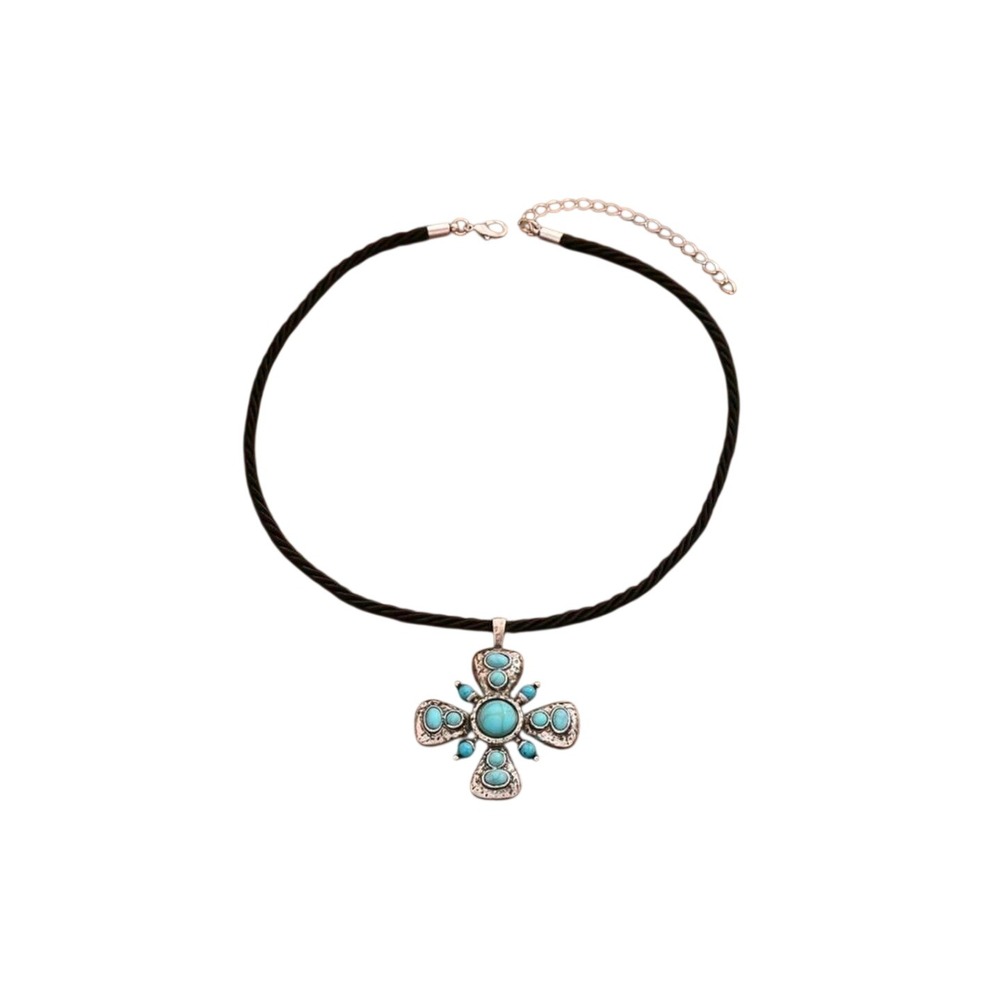 Turquoise‎ Cross Pendant Necklace Boho Western Cord Choker Women
